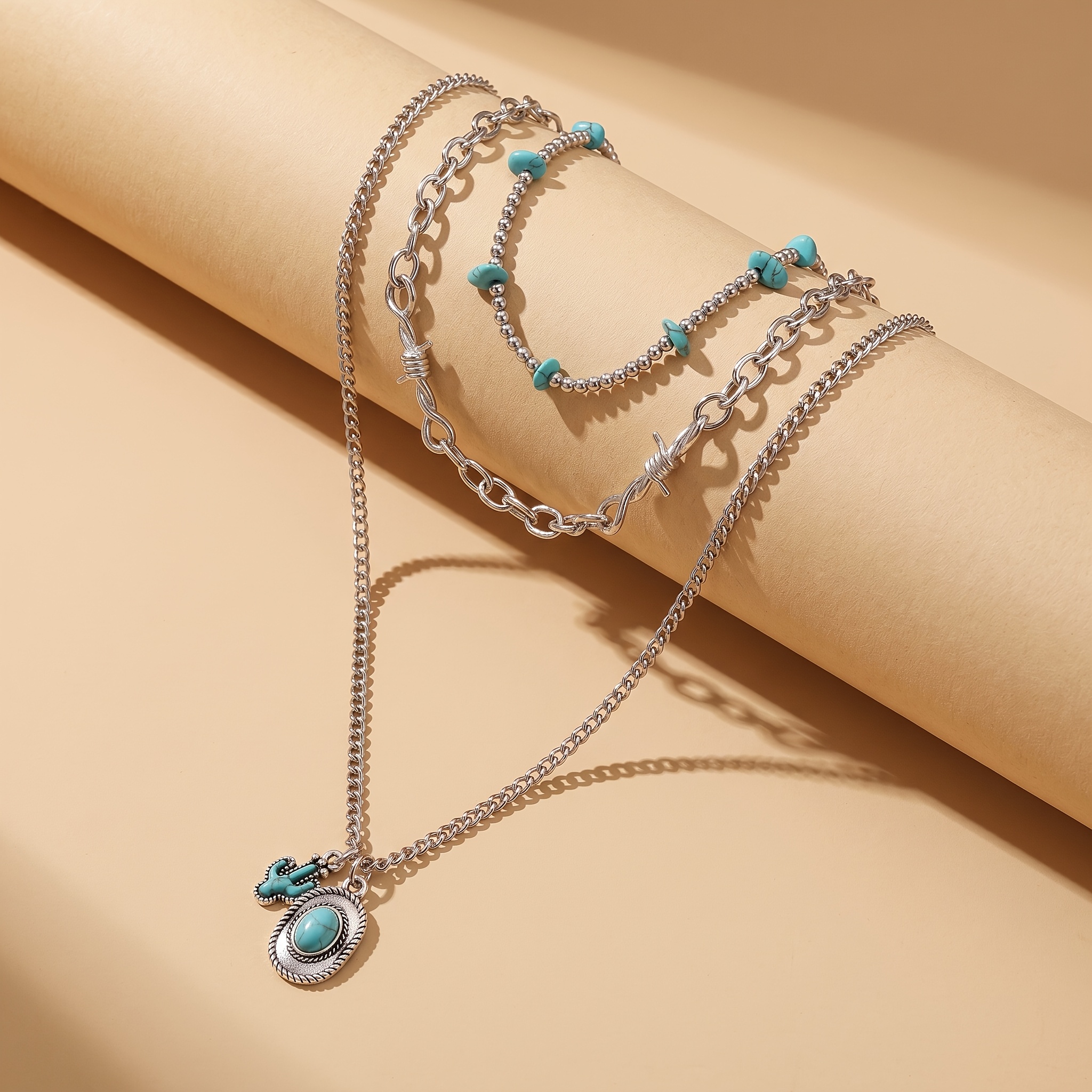 Western Cowboy Style Triple-Layer Turquoise Necklace for Women